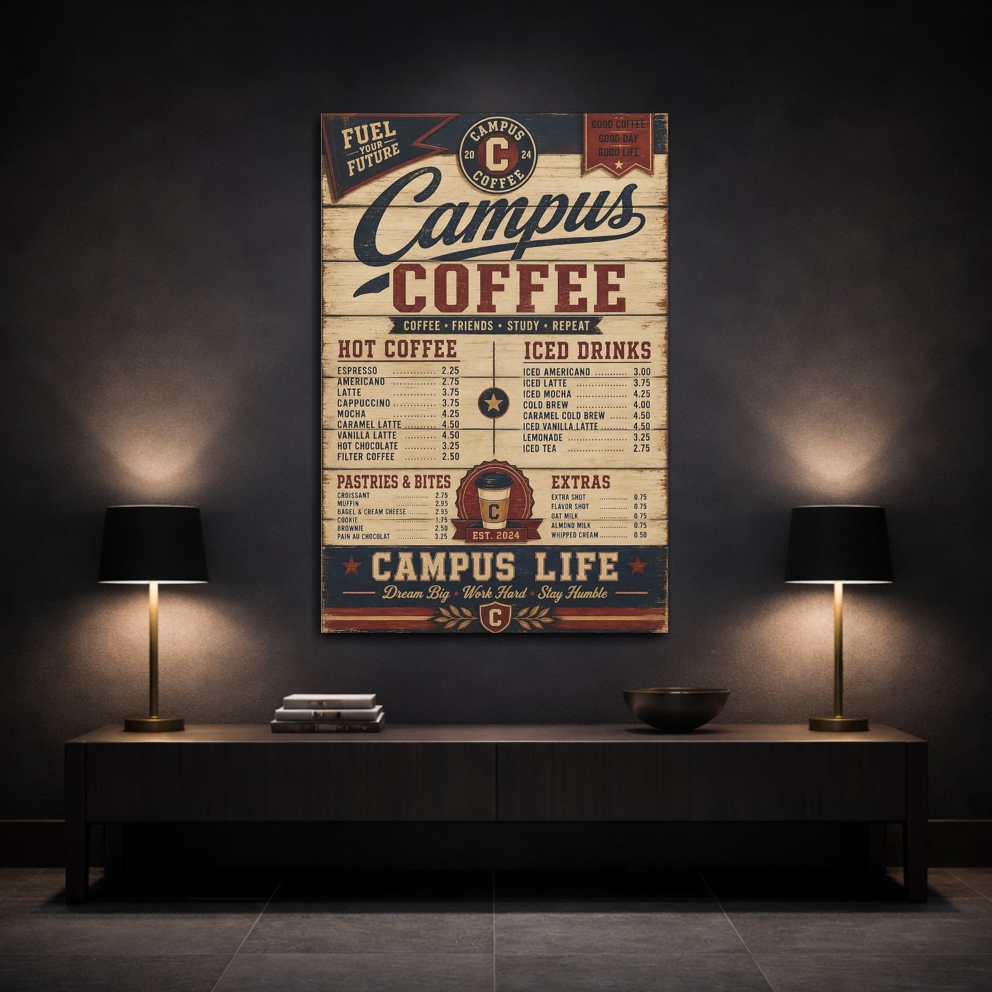 Mockup 3. Vintage Coffee Menu Vintage Coffee shown as stretched canvas wall art