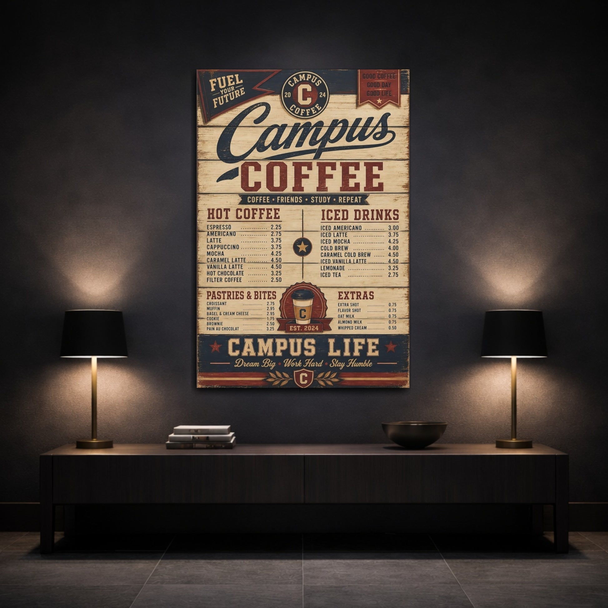 Mockup 3. Vintage Coffee Menu Vintage Coffee shown as stretched canvas wall art