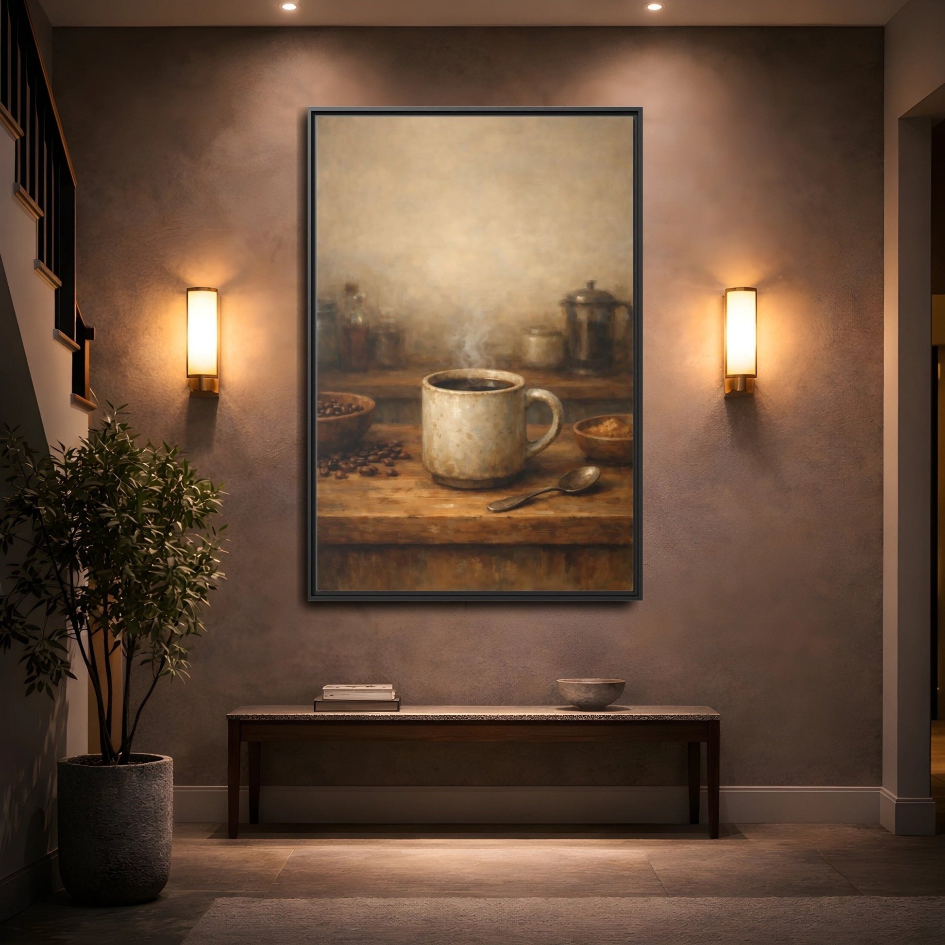 Vintage Coffee Mug Brown - Framed Canvas Wall Art Print - YesArtYes