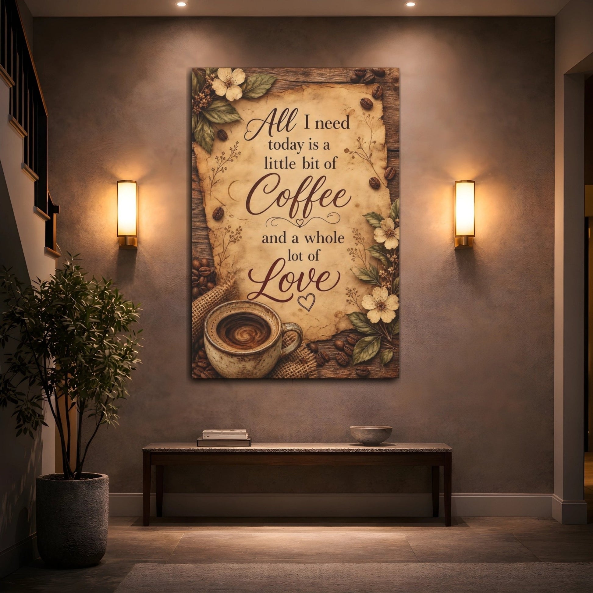 Vintage Coffee Quote Brown And Beige Canvas Print – Kitchen, Feature Wall - YesArtYes