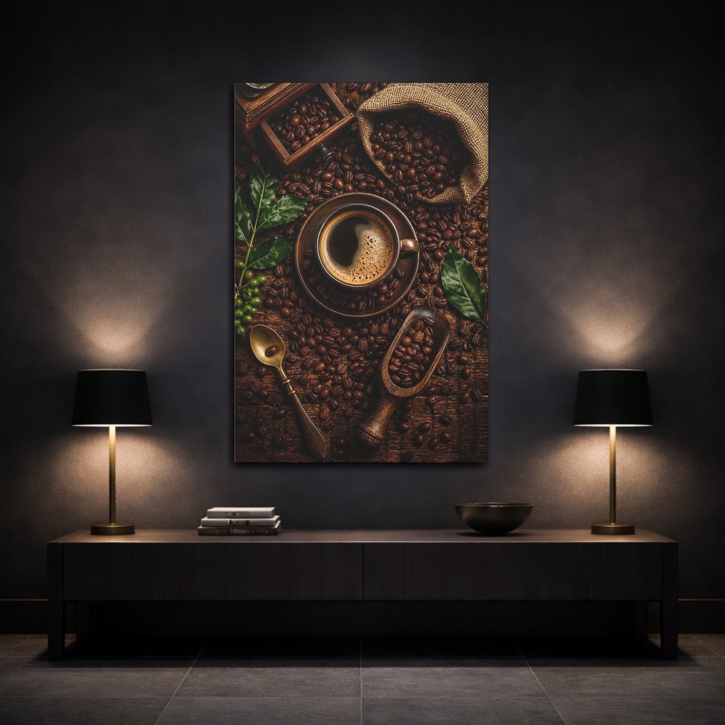 Mockup 3. Vintage Coffee Rich Brown Coffee shown as stretched canvas wall art