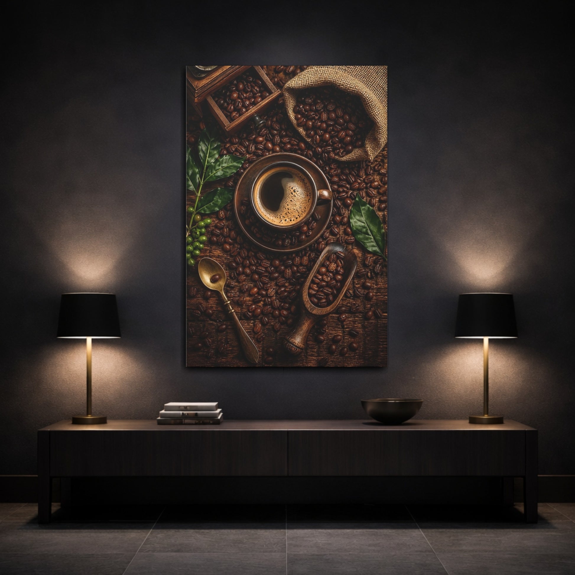 Mockup 3. Vintage Coffee Rich Brown Coffee shown as stretched canvas wall art