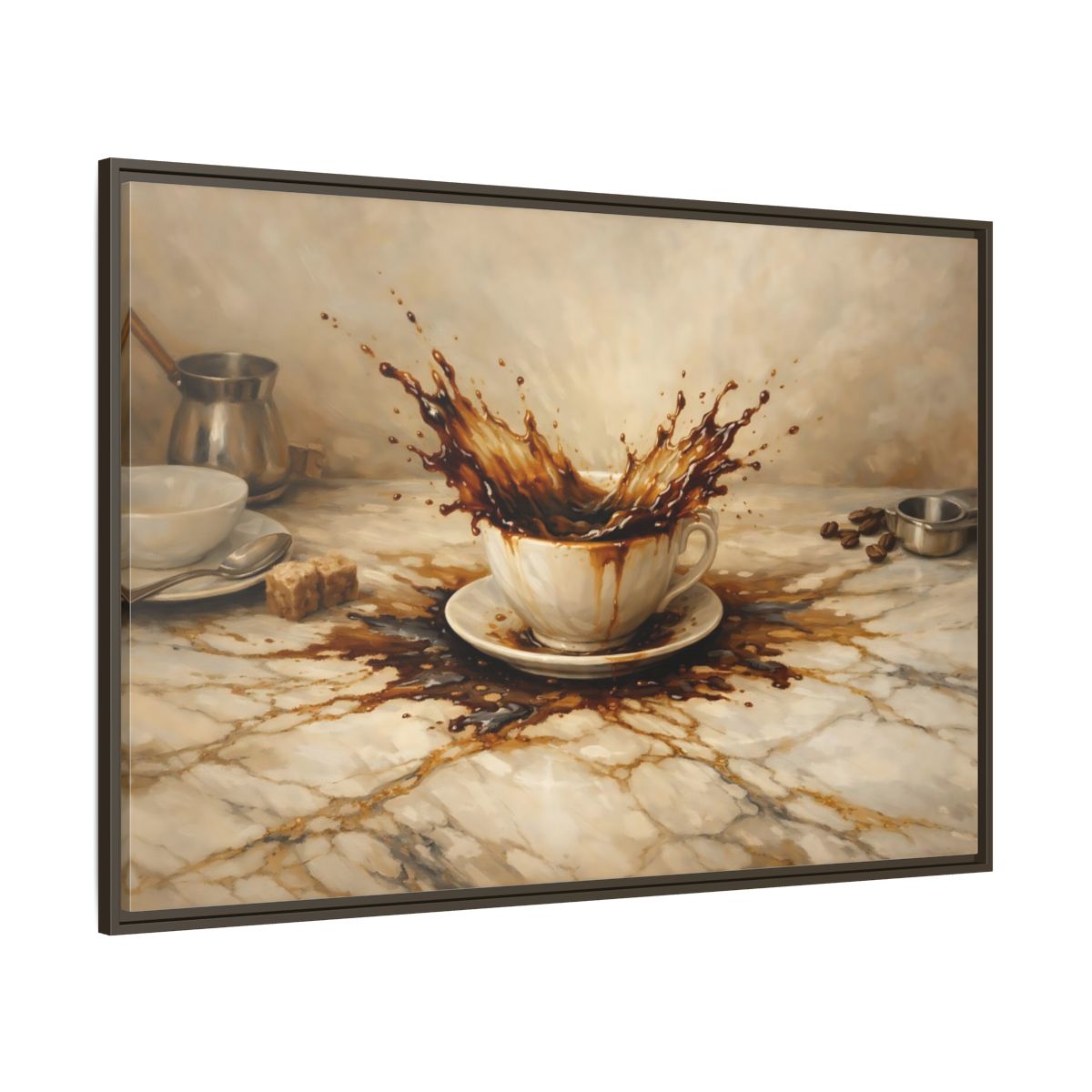 Main Mockup. Vintage Coffee Splash Brown And Beige shown as stretched canvas wall art