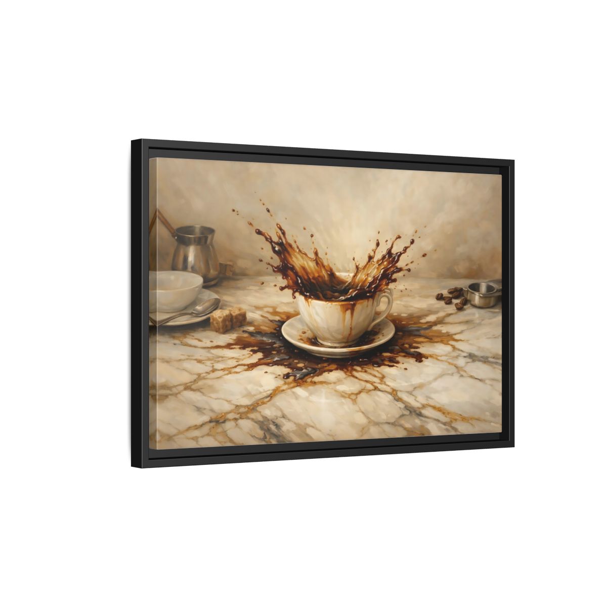 Side Mockup 3. Vintage Coffee Splash Brown And Beige shown as stretched canvas wall art
