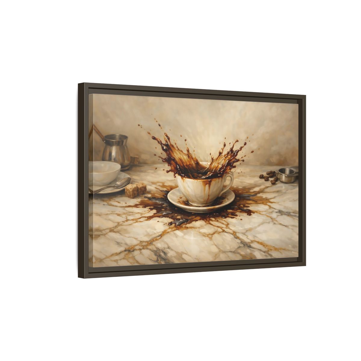 Side Mockup 2. Vintage Coffee Splash Brown And Beige shown as stretched canvas wall art