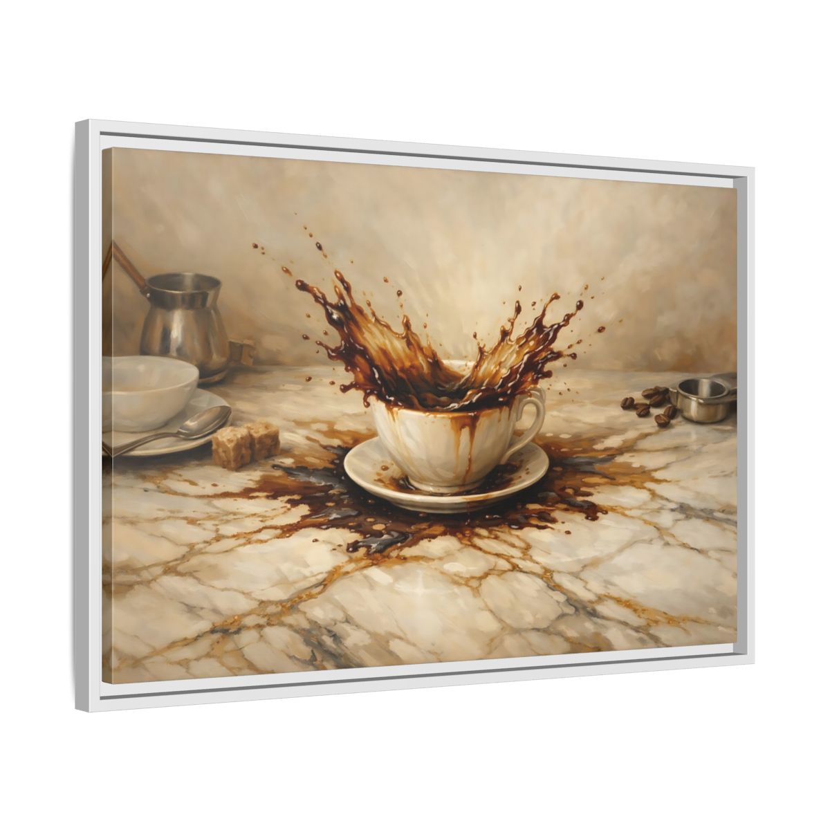 Side Mockup 10. Vintage Coffee Splash Brown And Beige shown as stretched canvas wall art