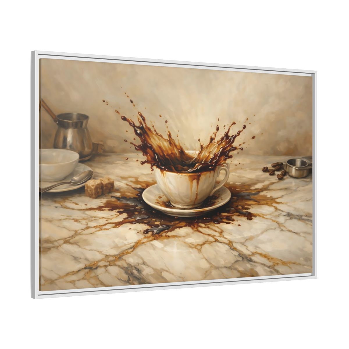 Side Mockup 7. Vintage Coffee Splash Brown And Beige shown as stretched canvas wall art