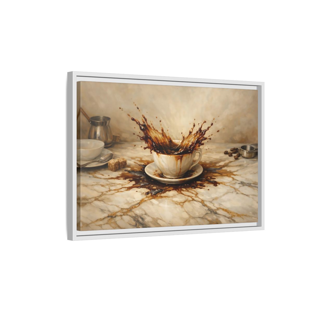 Side Mockup 1. Vintage Coffee Splash Brown And Beige shown as stretched canvas wall art