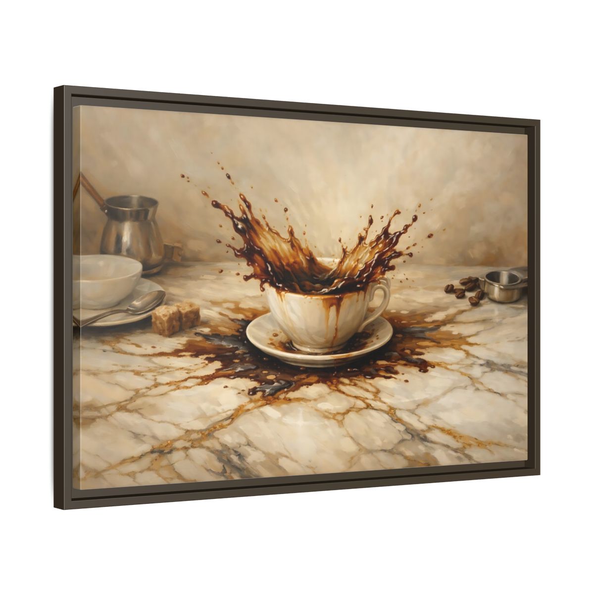 Side Mockup 11. Vintage Coffee Splash Brown And Beige shown as stretched canvas wall art