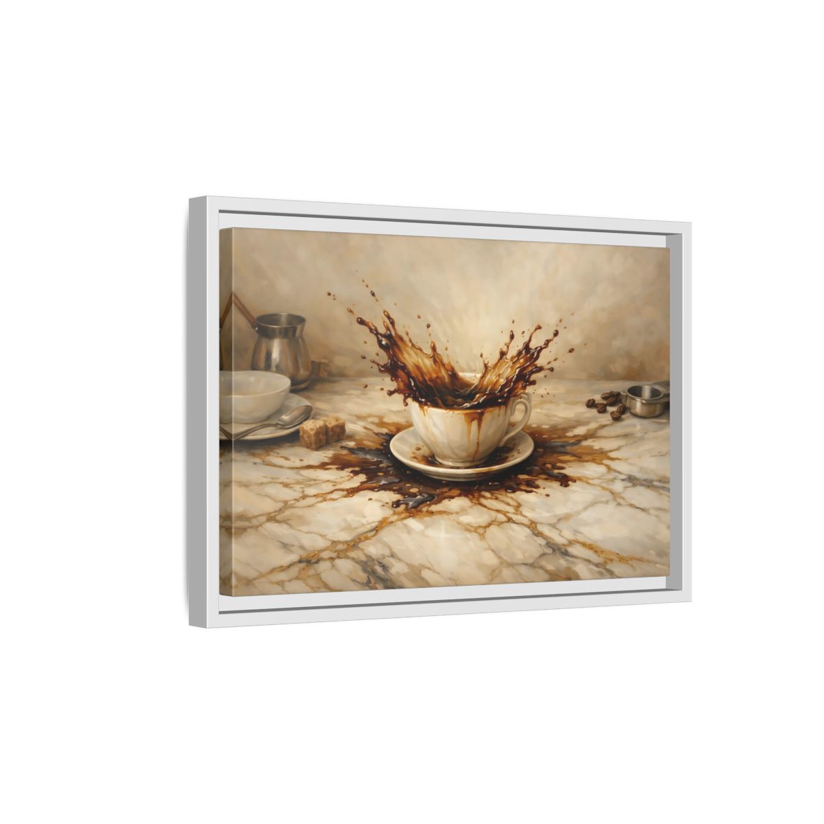 Side Mockup 4. Vintage Coffee Splash Brown And Beige shown as stretched canvas wall art