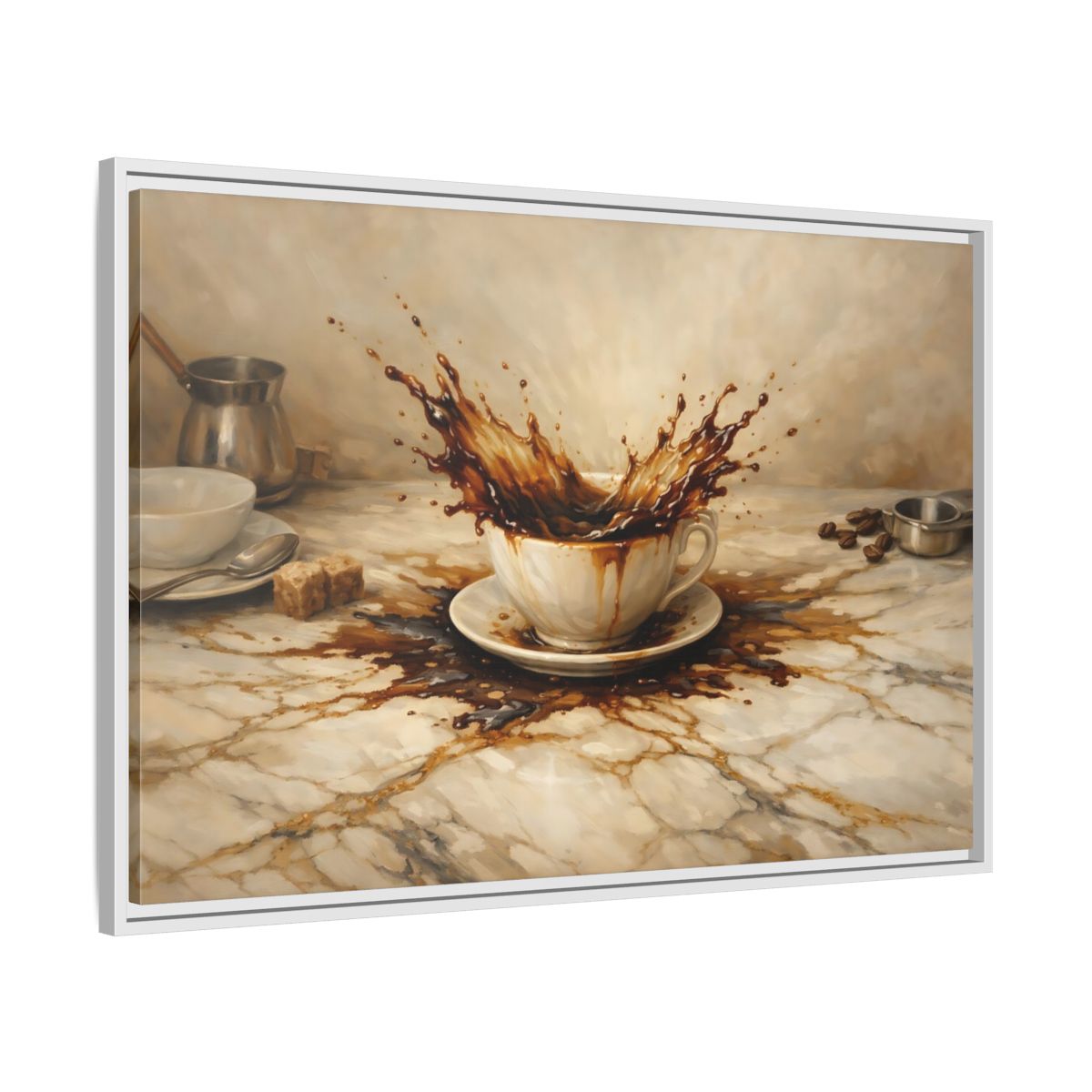 Side Mockup 8. Vintage Coffee Splash Brown And Beige shown as stretched canvas wall art