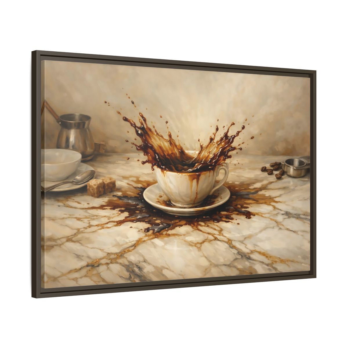 Side Mockup 9. Vintage Coffee Splash Brown And Beige shown as stretched canvas wall art
