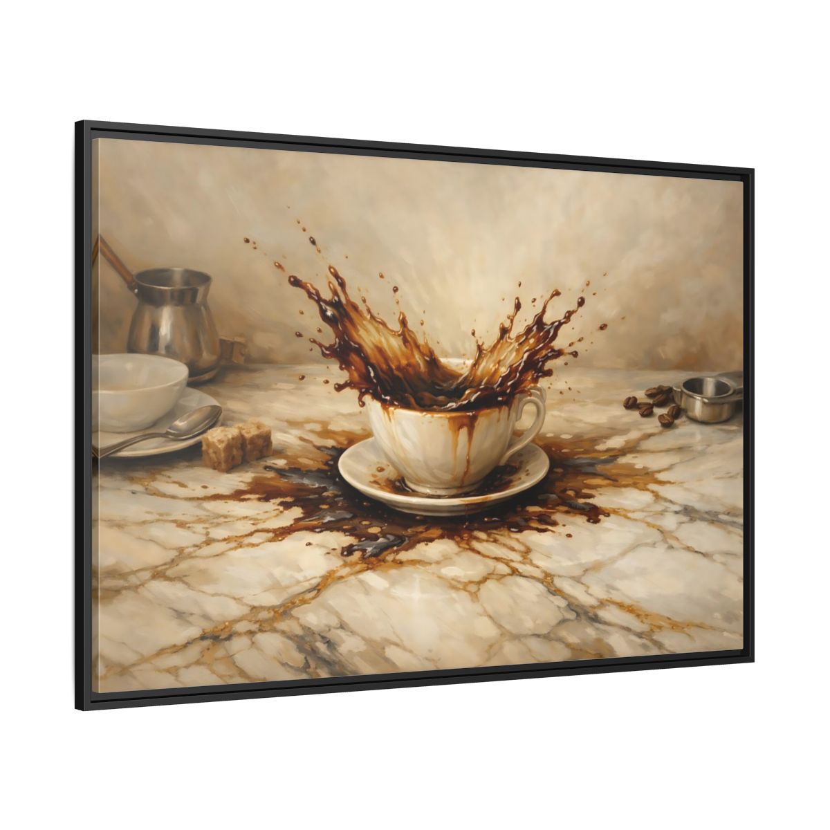 Side Mockup 12. Vintage Coffee Splash Brown And Beige shown as stretched canvas wall art