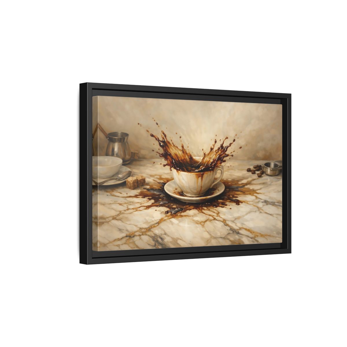 Side Mockup 6. Vintage Coffee Splash Brown And Beige shown as stretched canvas wall art