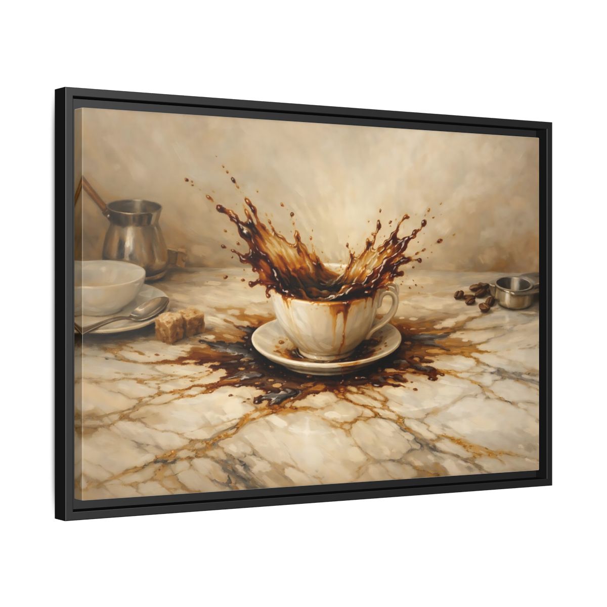 Side Mockup 14. Vintage Coffee Splash Brown And Beige shown as stretched canvas wall art