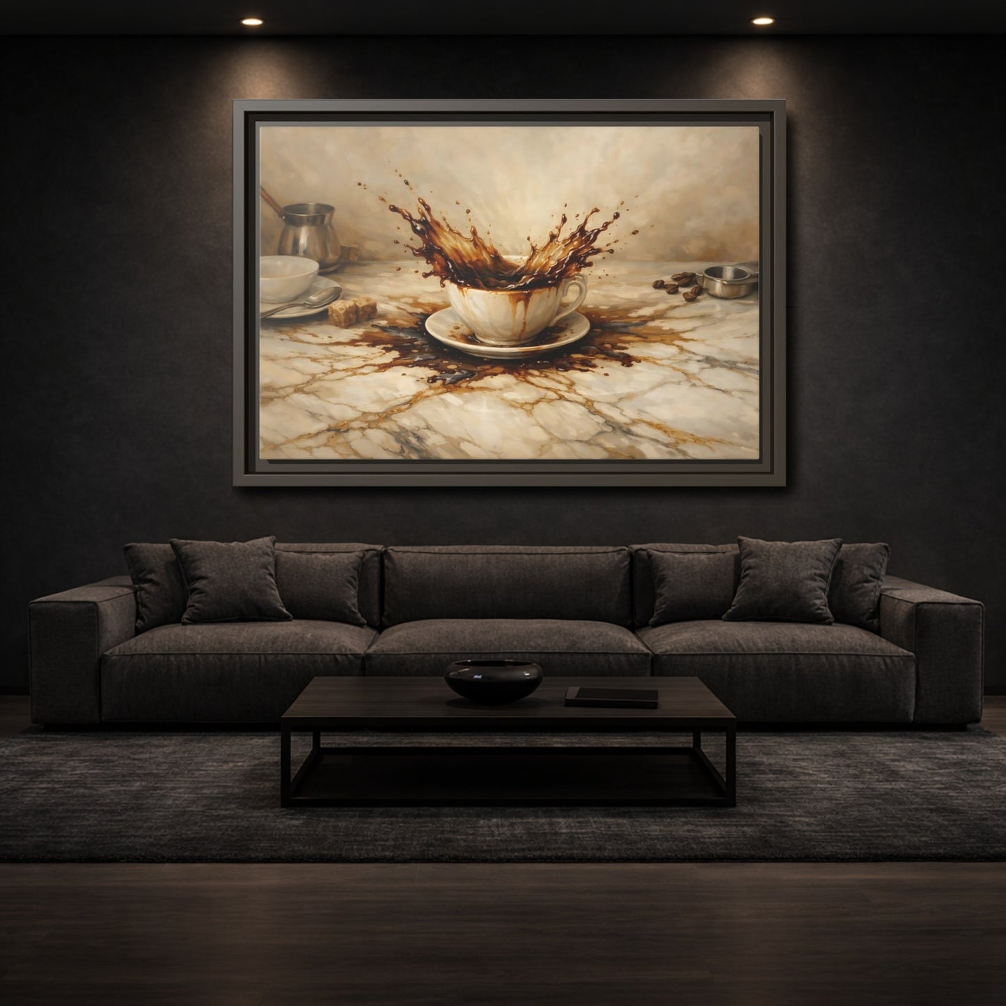 Mockup 2. Vintage Coffee Splash Brown And Beige shown as stretched canvas wall art