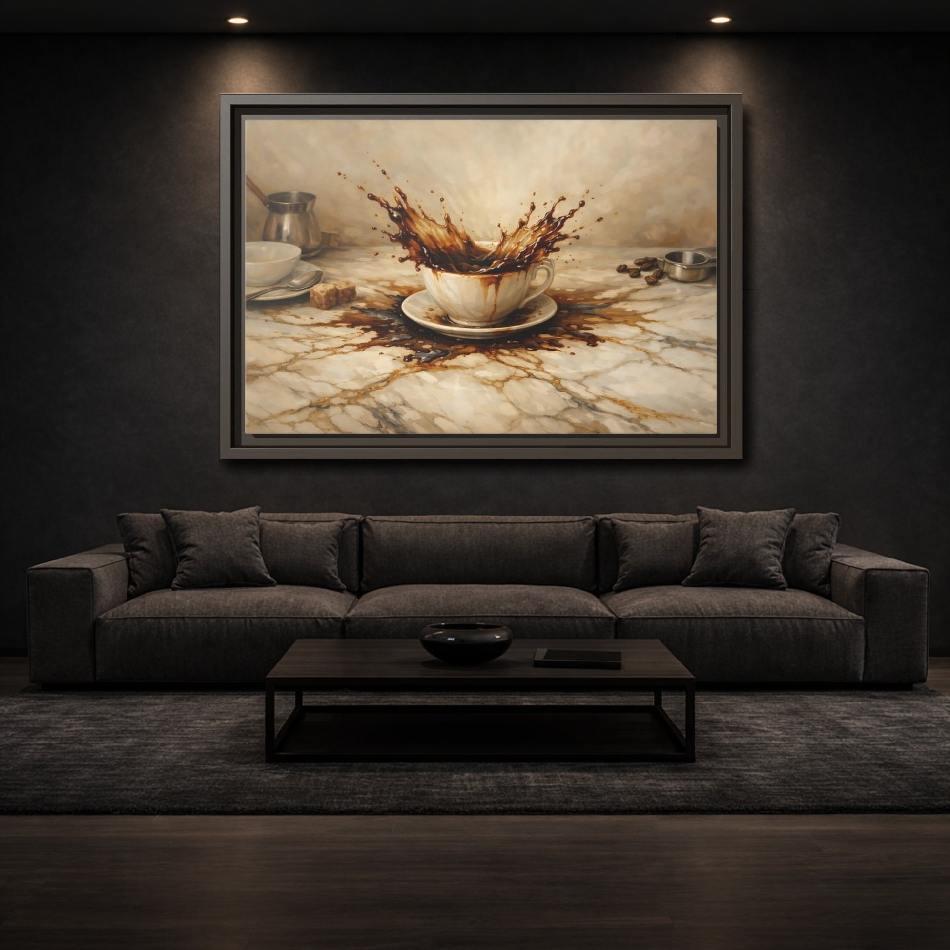 Mockup 2. Vintage Coffee Splash Brown And Beige shown as stretched canvas wall art