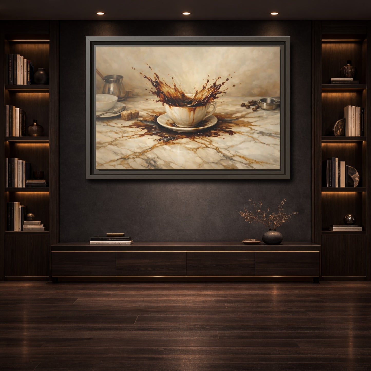 Mockup 3. Vintage Coffee Splash Brown And Beige shown as stretched canvas wall art