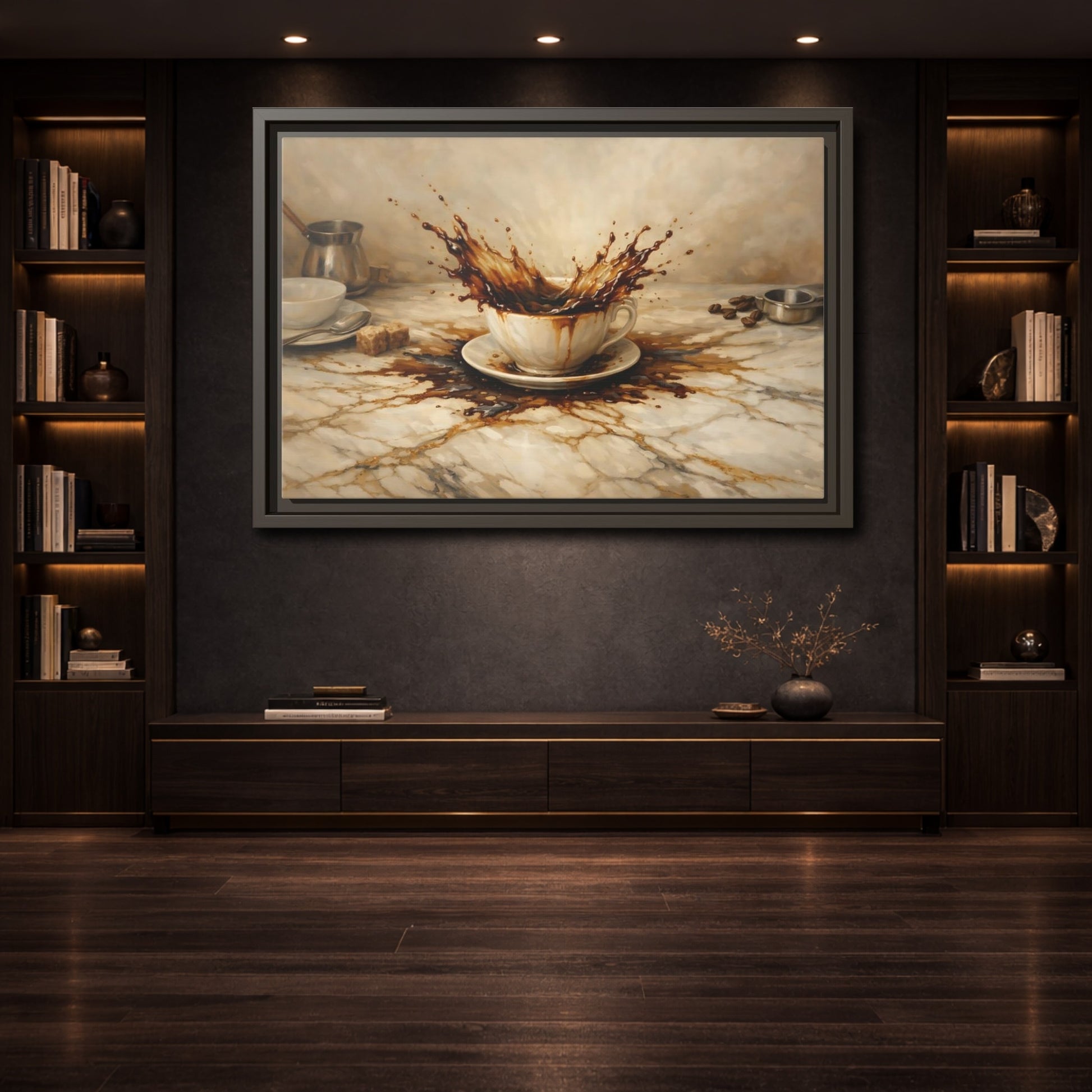 Mockup 3. Vintage Coffee Splash Brown And Beige shown as stretched canvas wall art
