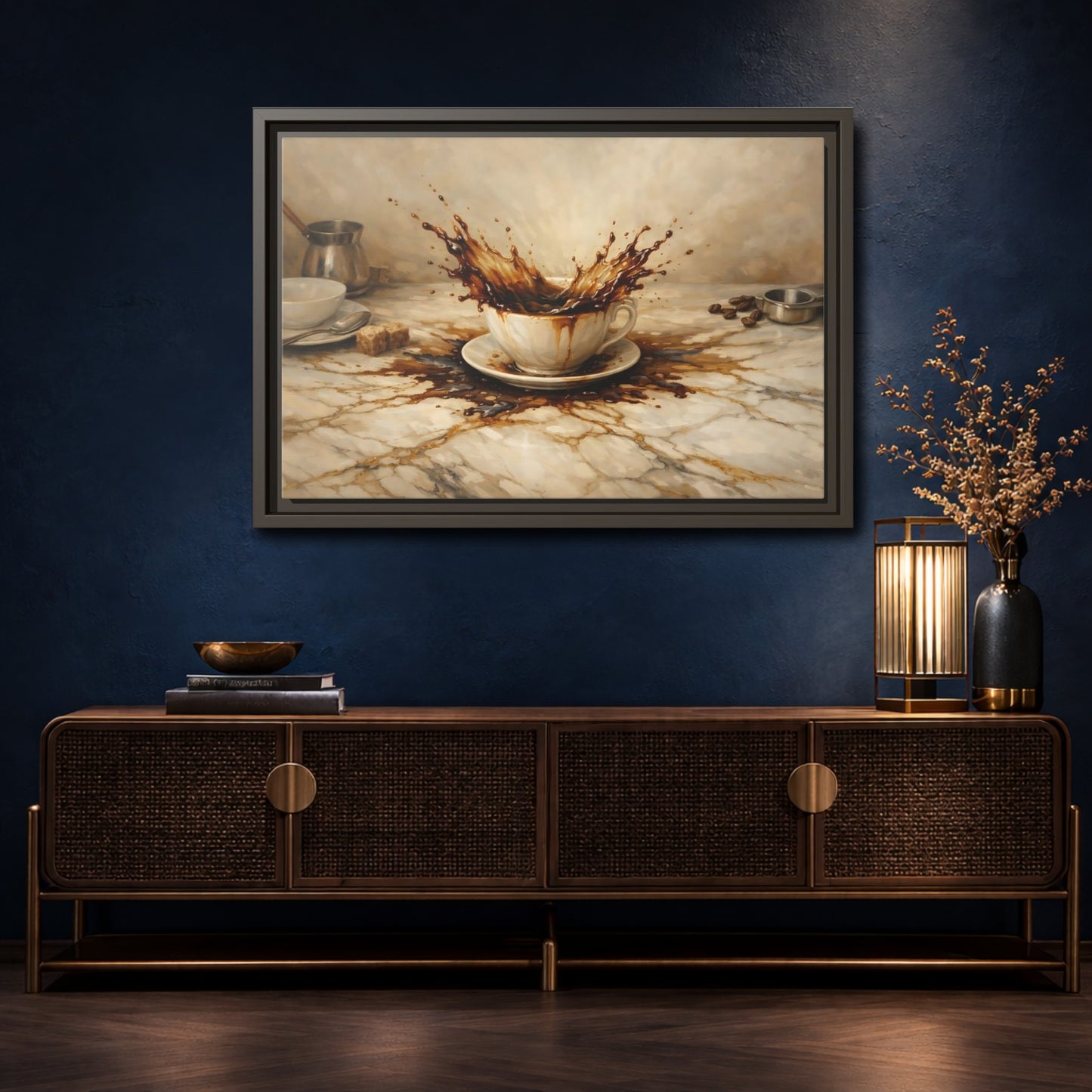 Mockup 4. Vintage Coffee Splash Brown And Beige shown as stretched canvas wall art