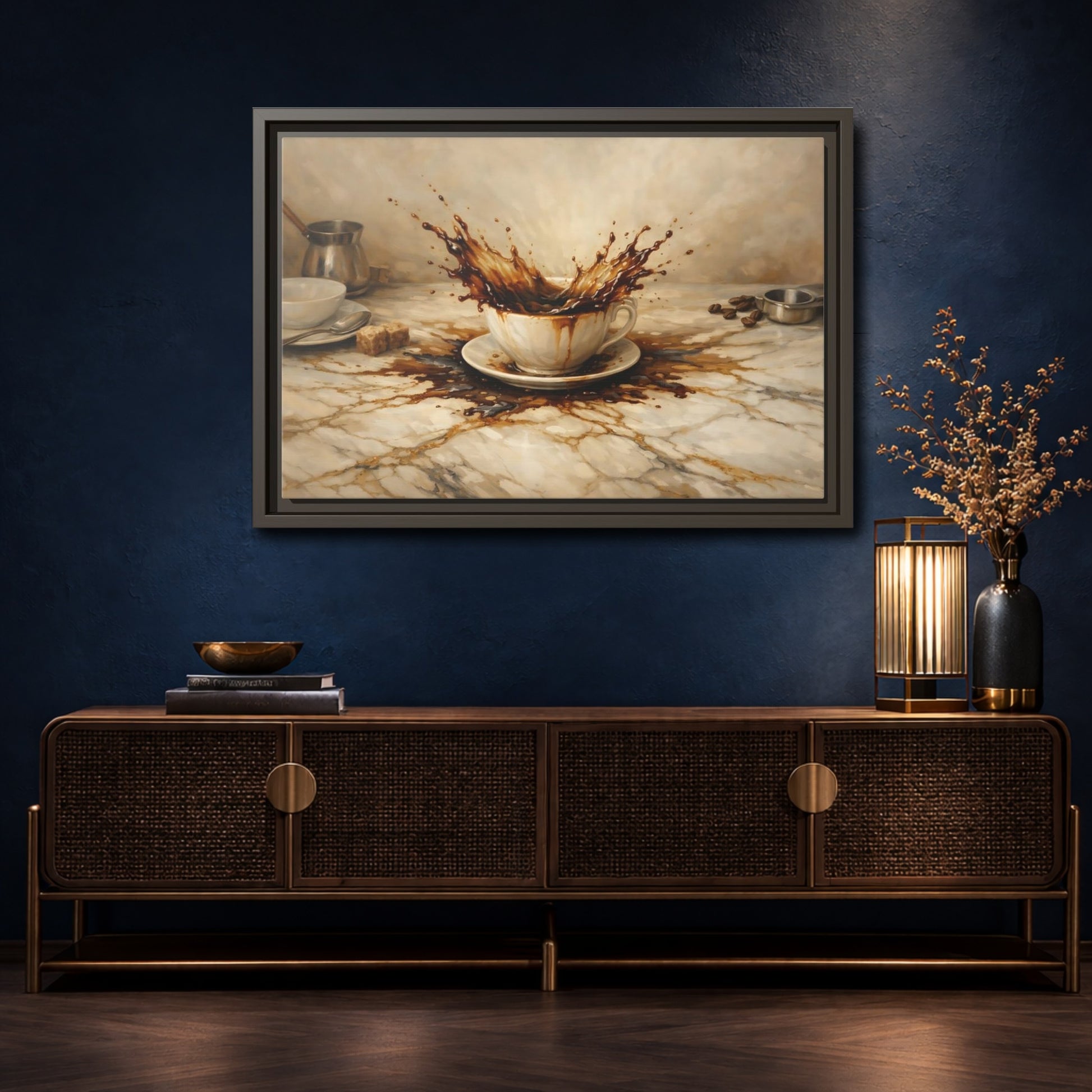 Mockup 4. Vintage Coffee Splash Brown And Beige shown as stretched canvas wall art