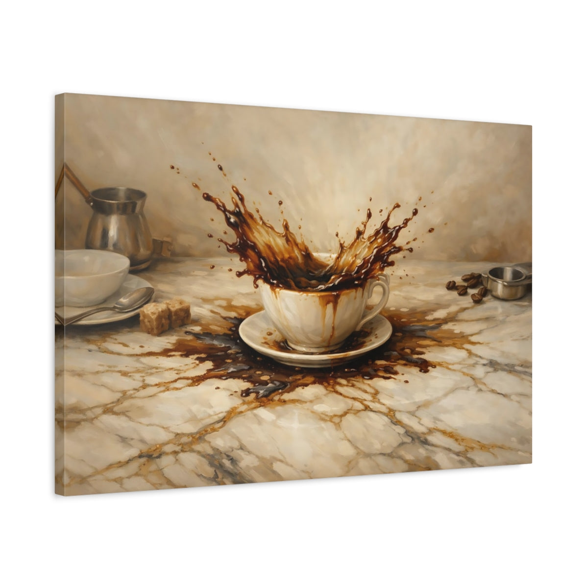 Side Mockup 2. Vintage Coffee Splash Brown Coffee Splash shown as stretched canvas wall art
