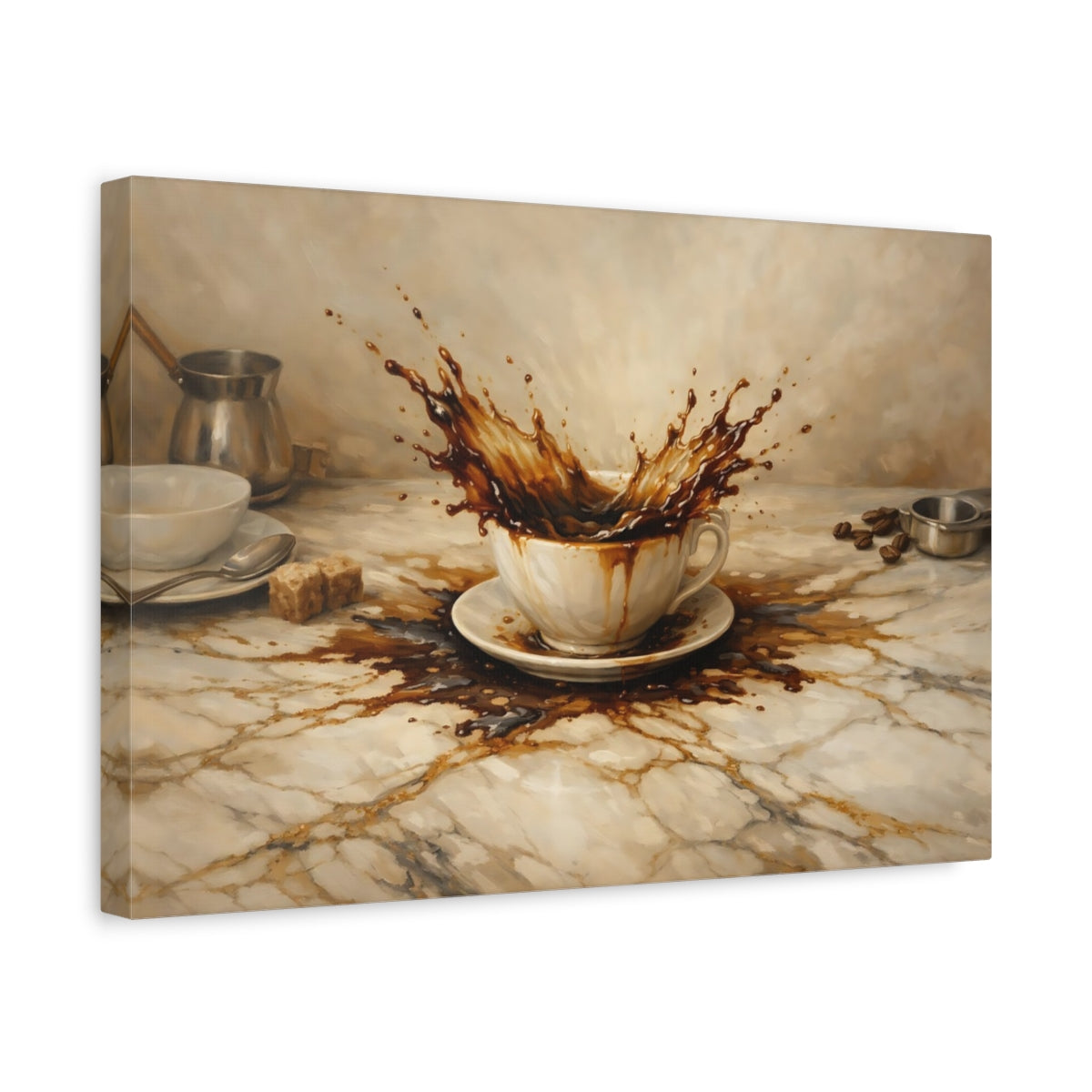 Side Mockup 4. Vintage Coffee Splash Brown Coffee Splash shown as stretched canvas wall art