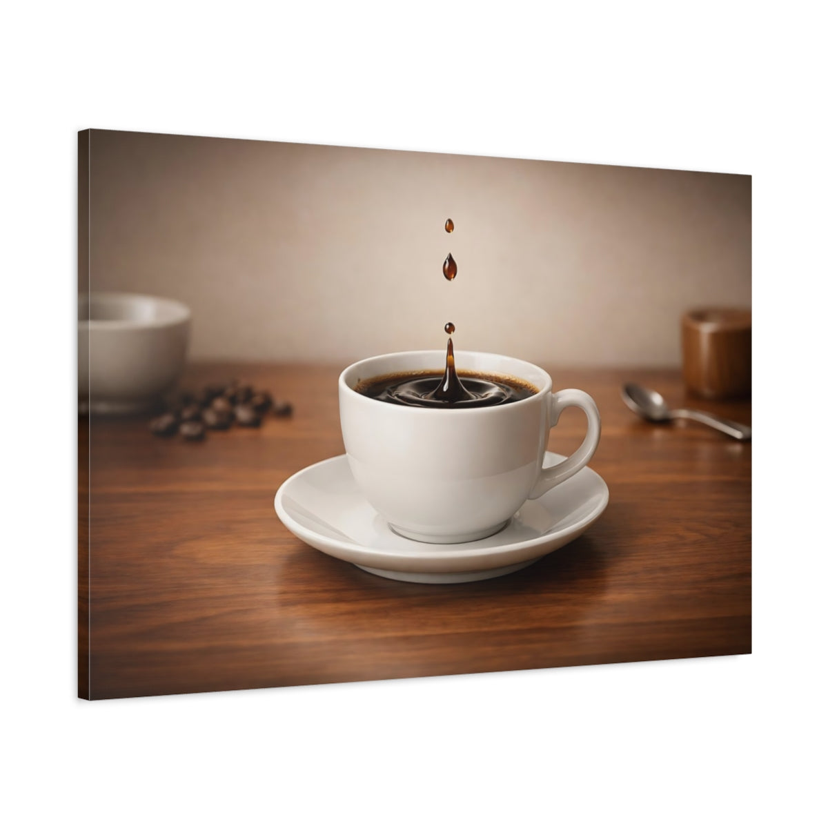 Side Mockup 1. Vintage Coffee Splash Brown Coffee shown as stretched canvas wall art