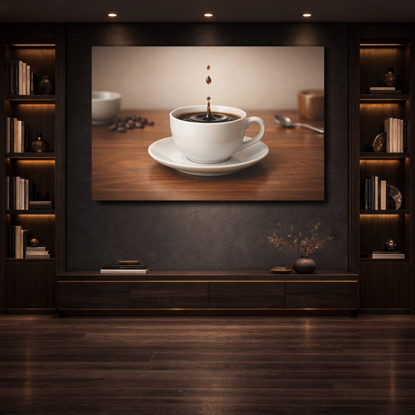 Mockup 3. Vintage Coffee Splash Brown Coffee shown as stretched canvas wall art