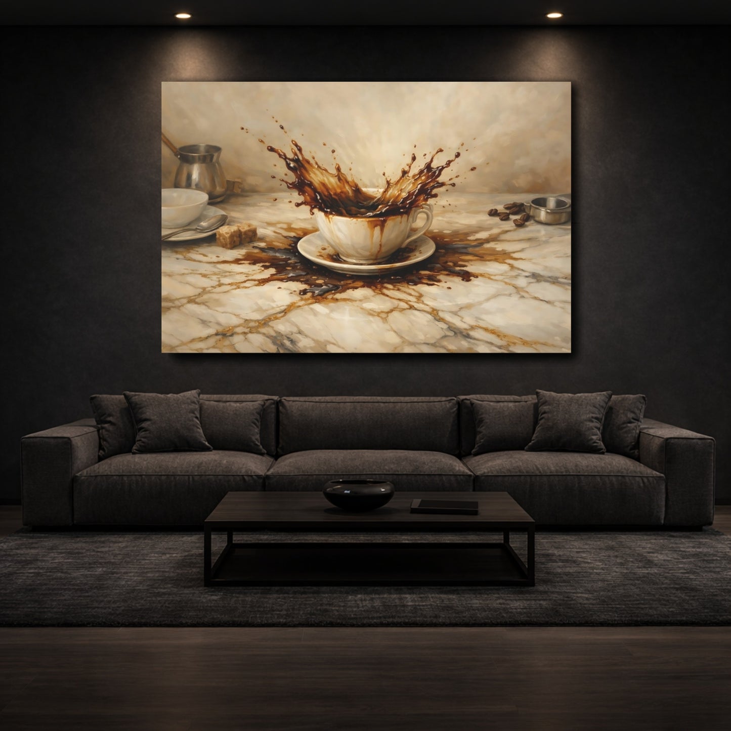 Mockup 2. Vintage Coffee Splash Brown Coffee Splash shown as stretched canvas wall art