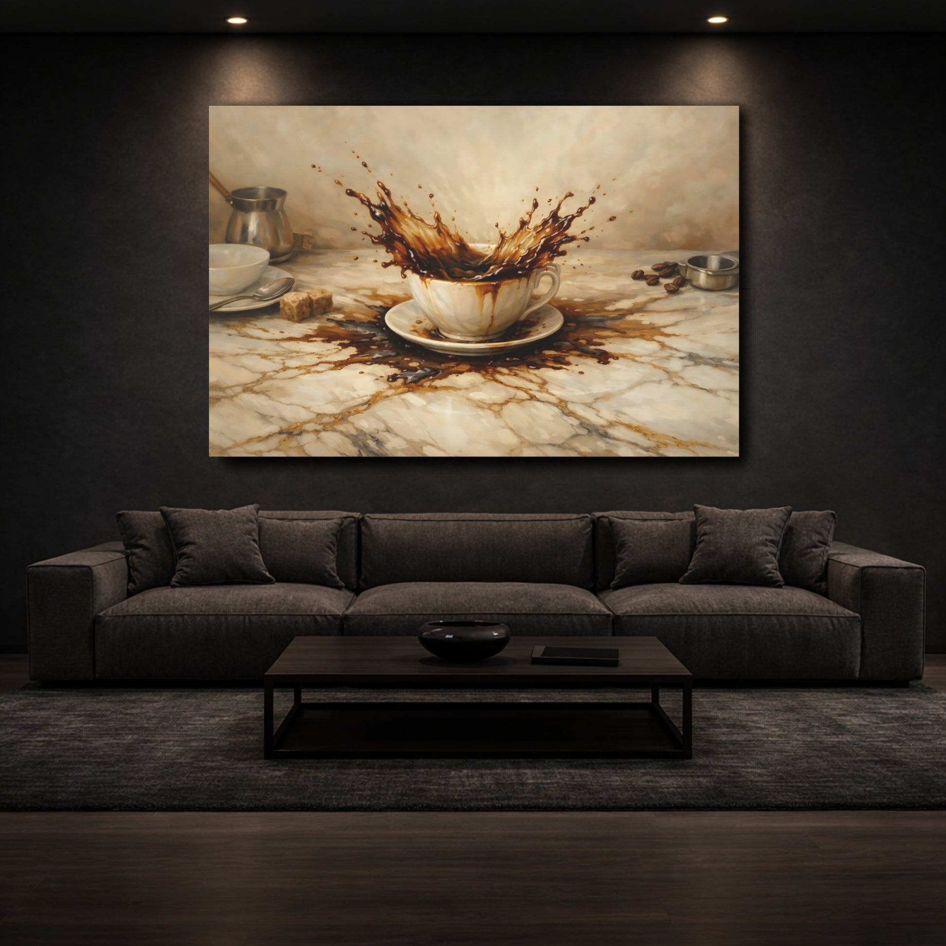 Mockup 2. Vintage Coffee Splash Brown Coffee Splash shown as stretched canvas wall art