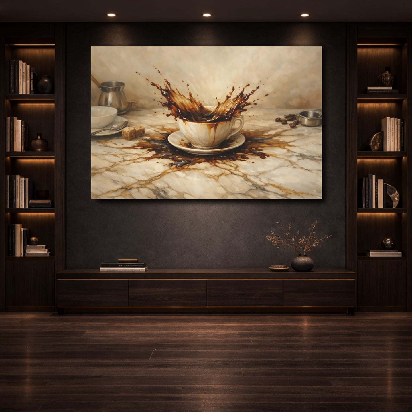 Mockup 3. Vintage Coffee Splash Brown Coffee Splash shown as stretched canvas wall art