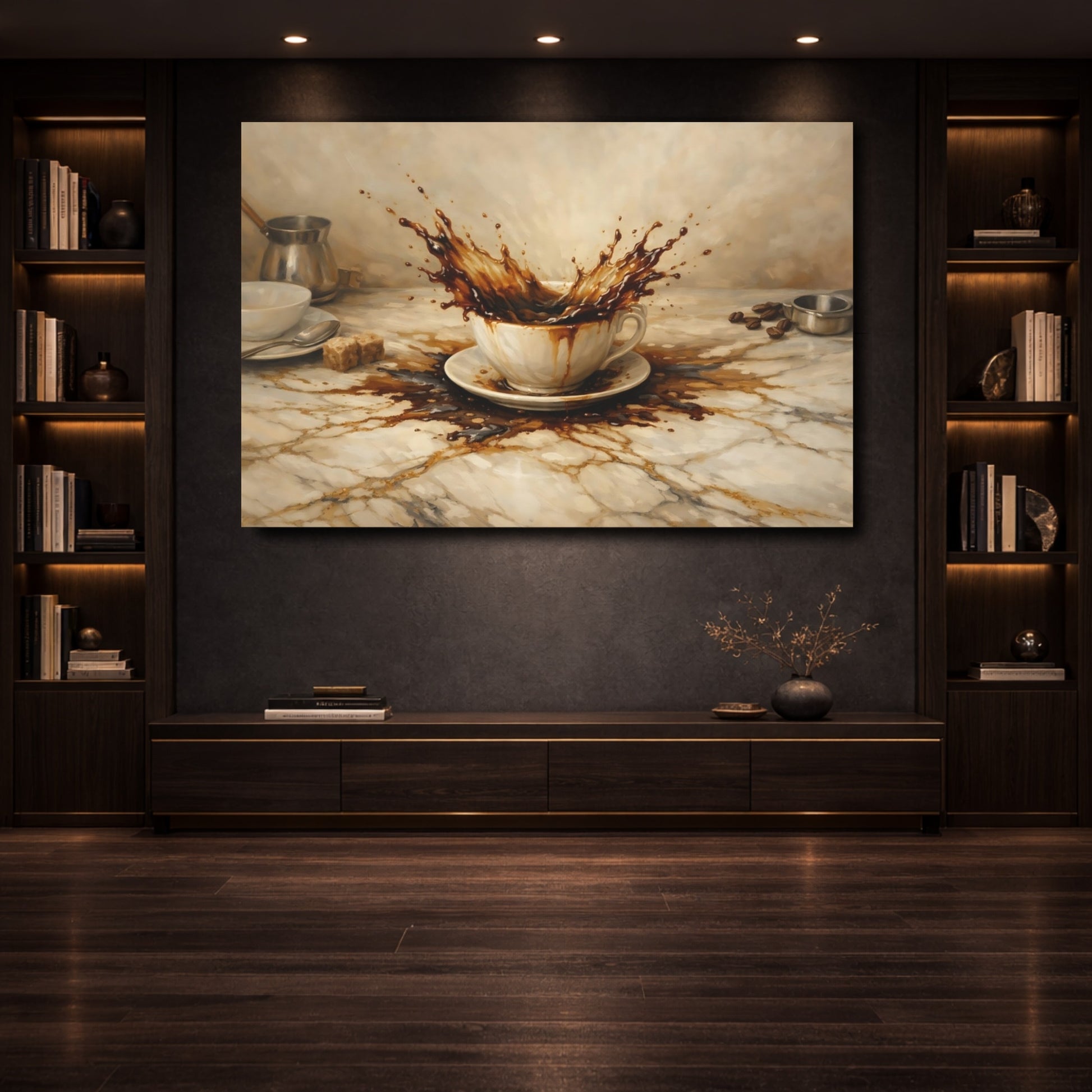 Mockup 3. Vintage Coffee Splash Brown Coffee Splash shown as stretched canvas wall art