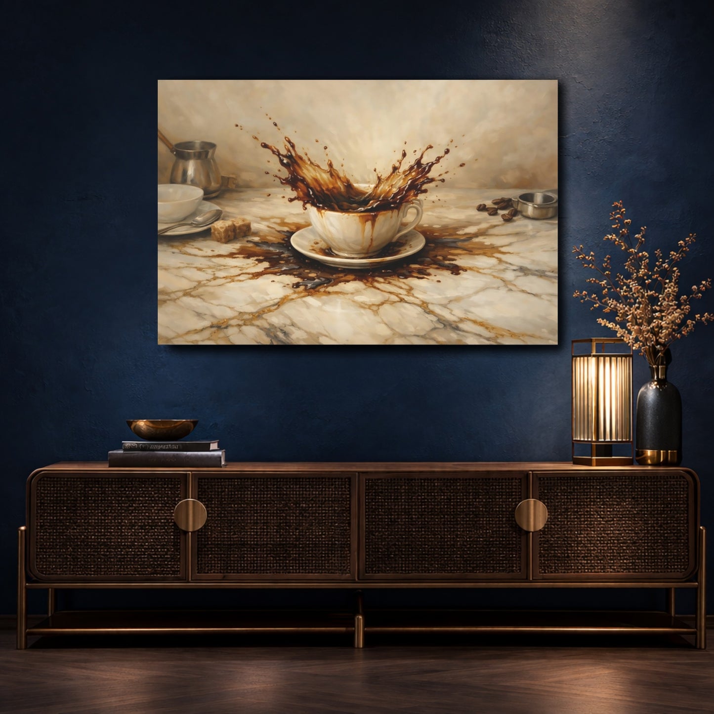 Mockup 4. Vintage Coffee Splash Brown Coffee Splash shown as stretched canvas wall art