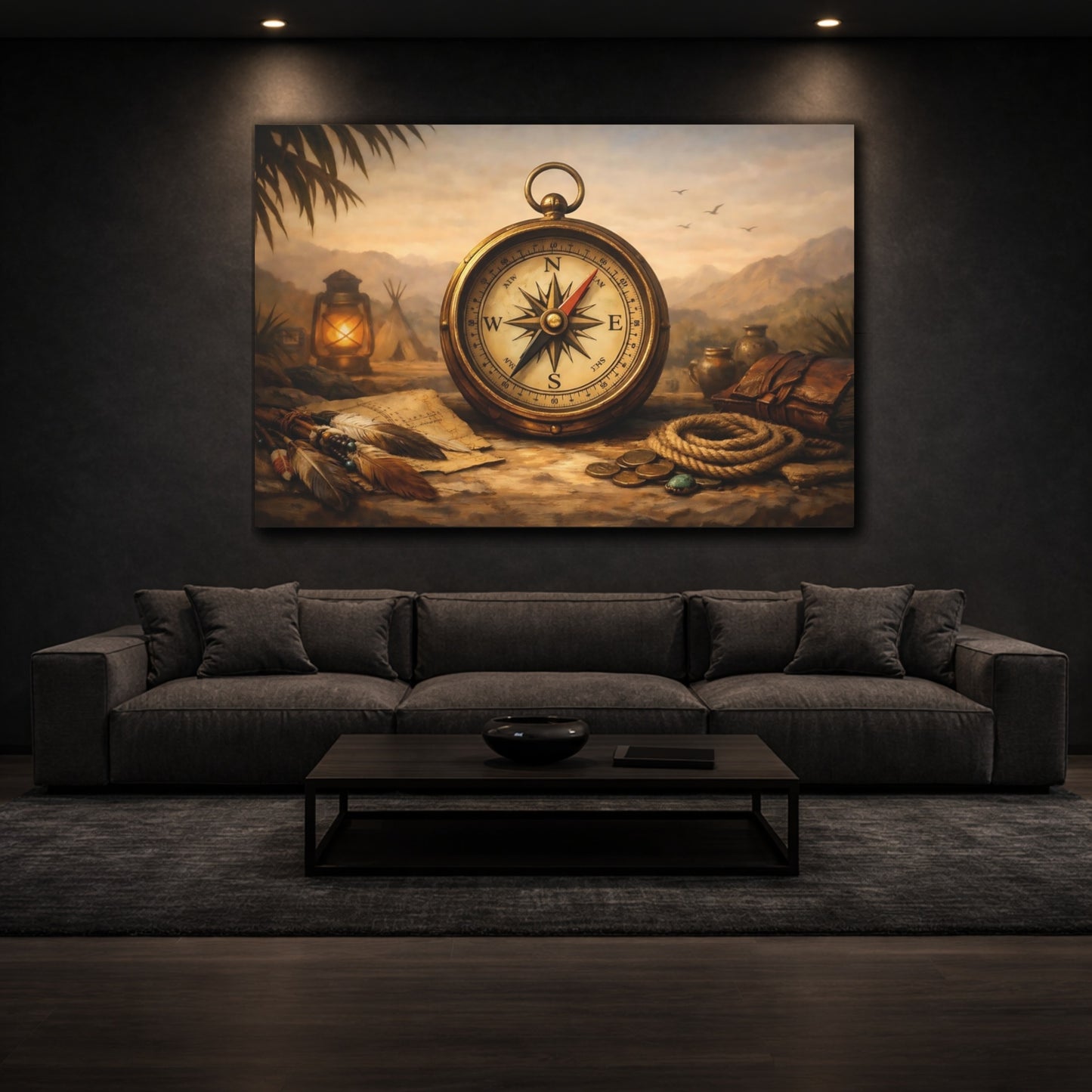 Vintage Compass Vintage Adventure shown as front canvas room wall art