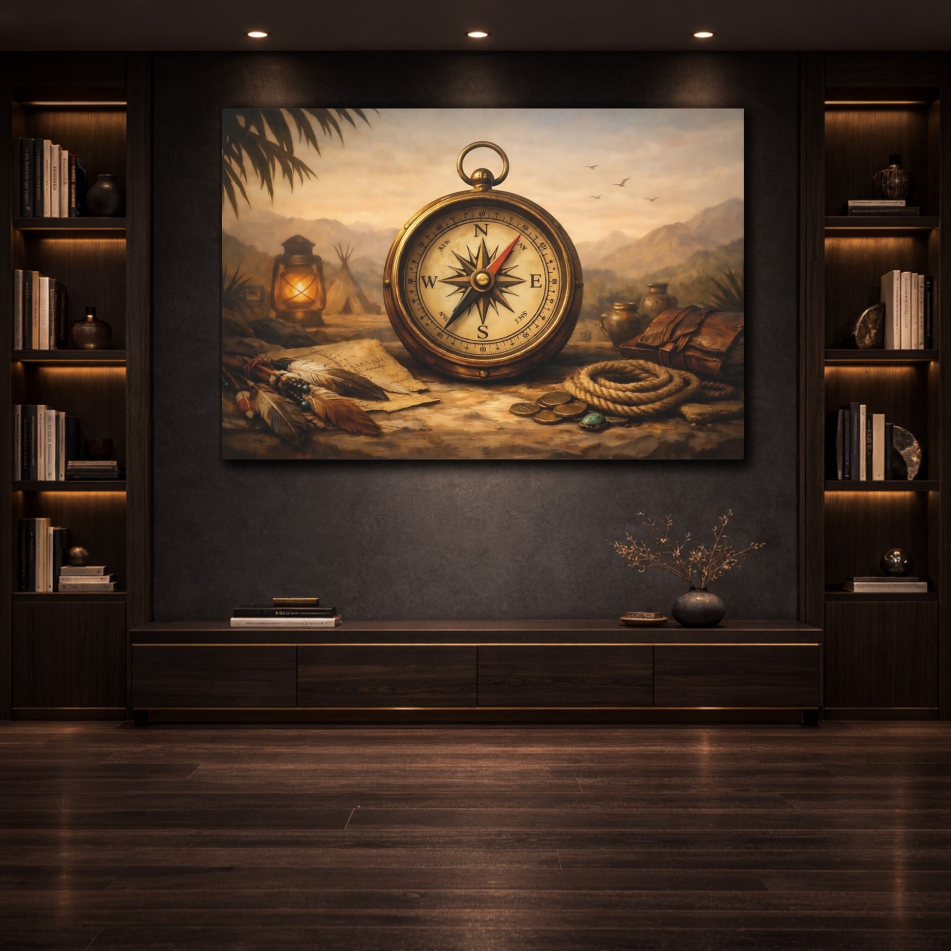 Vintage Compass Vintage Adventure shown as front canvas room wall art