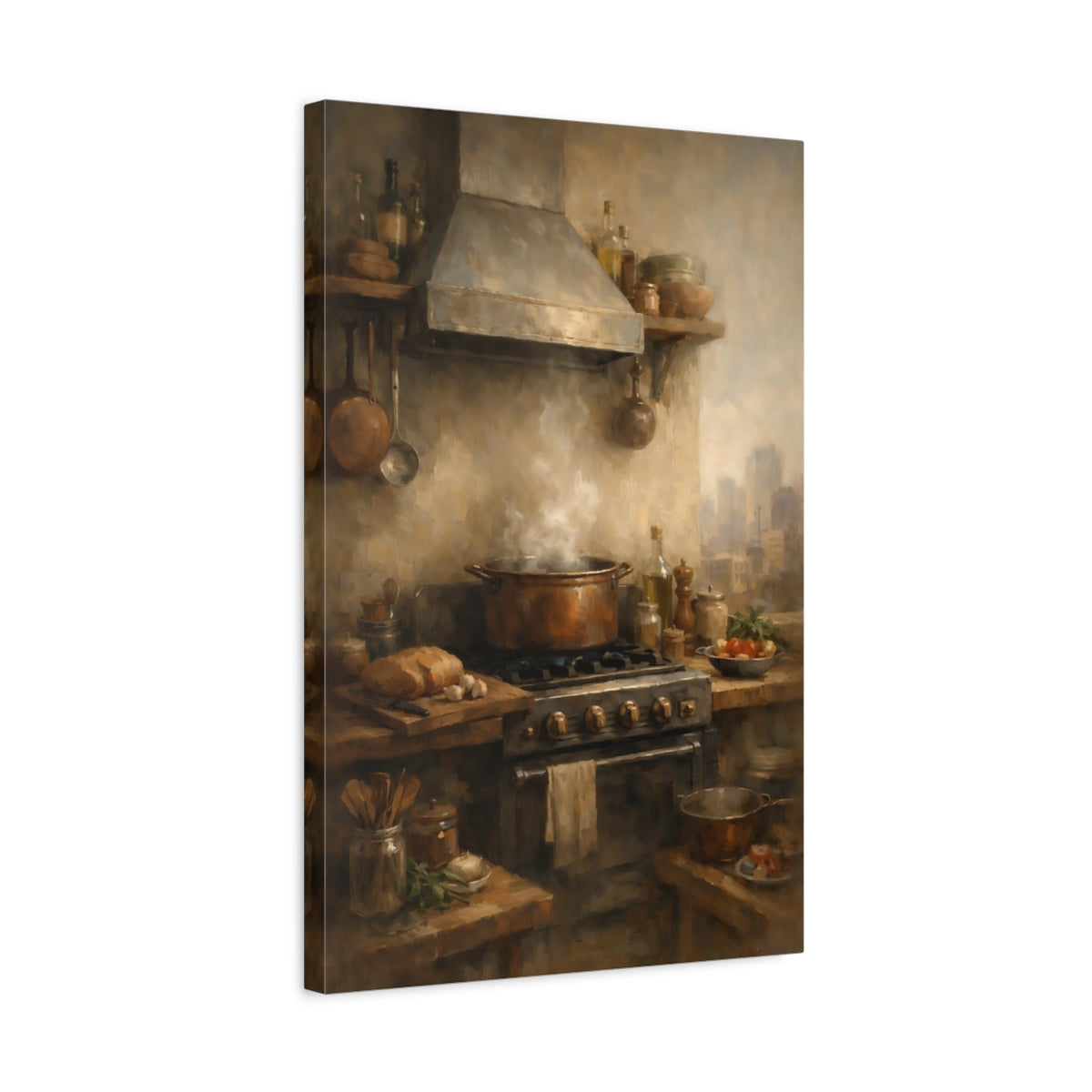 Side Mockup 3. Vintage Cooking Scene Rustic Kitchen shown as stretched canvas wall art