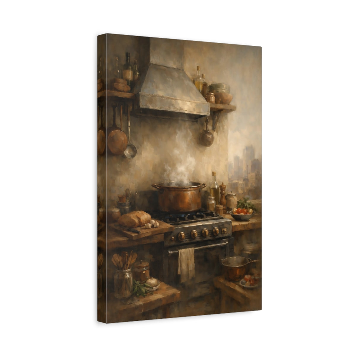 Side Mockup 4. Vintage Cooking Scene Rustic Kitchen shown as stretched canvas wall art