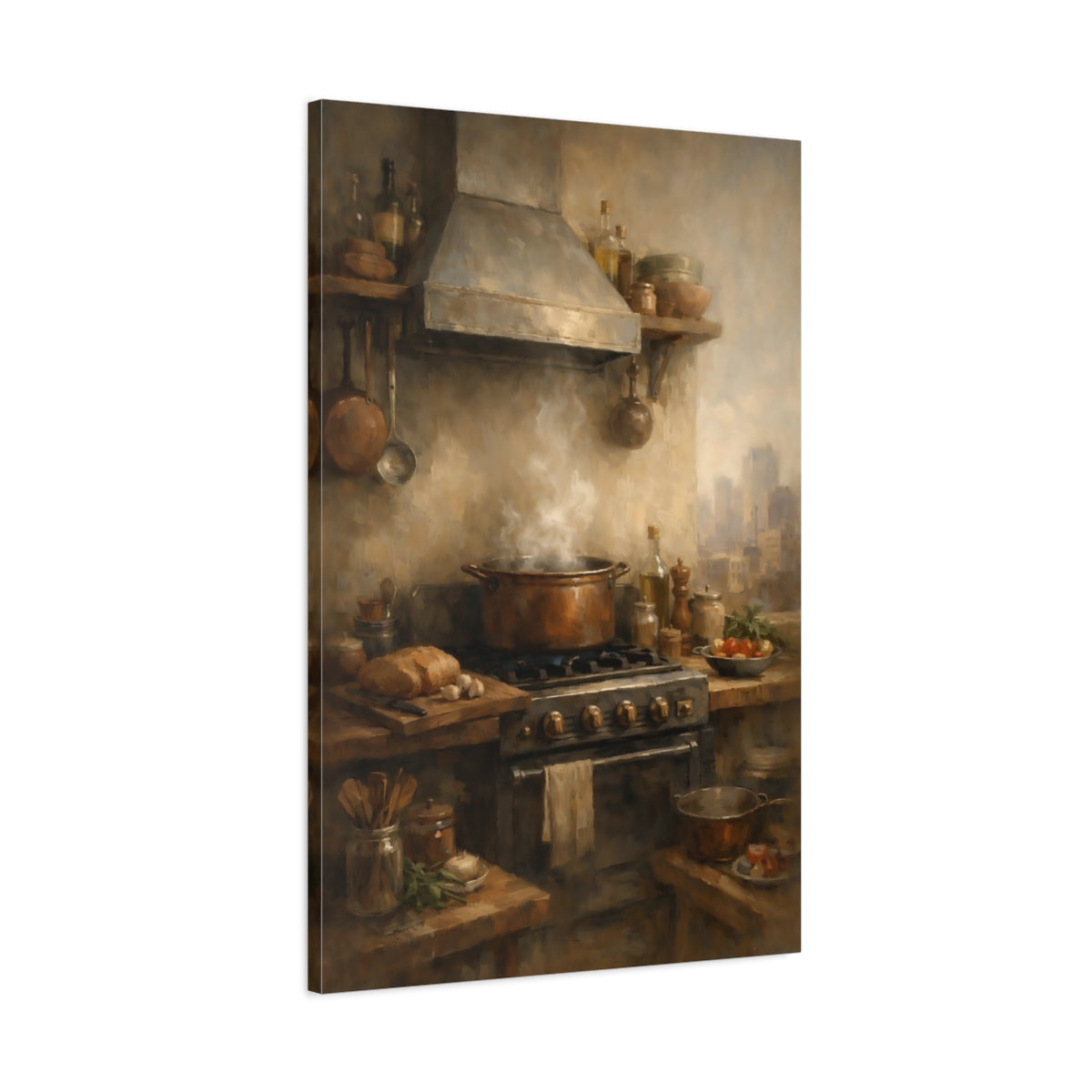 Side Mockup 1. Vintage Cooking Scene Rustic Kitchen shown as stretched canvas wall art