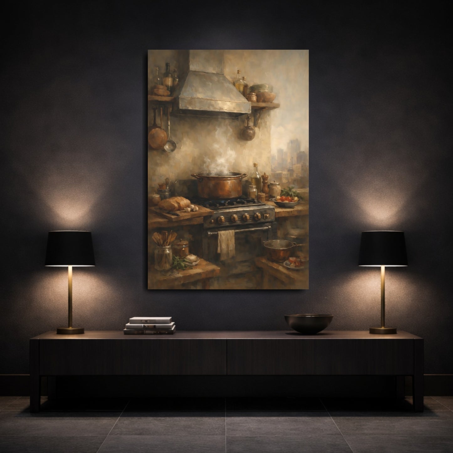 Mockup 2. Vintage Cooking Scene Rustic Kitchen shown as stretched canvas wall art