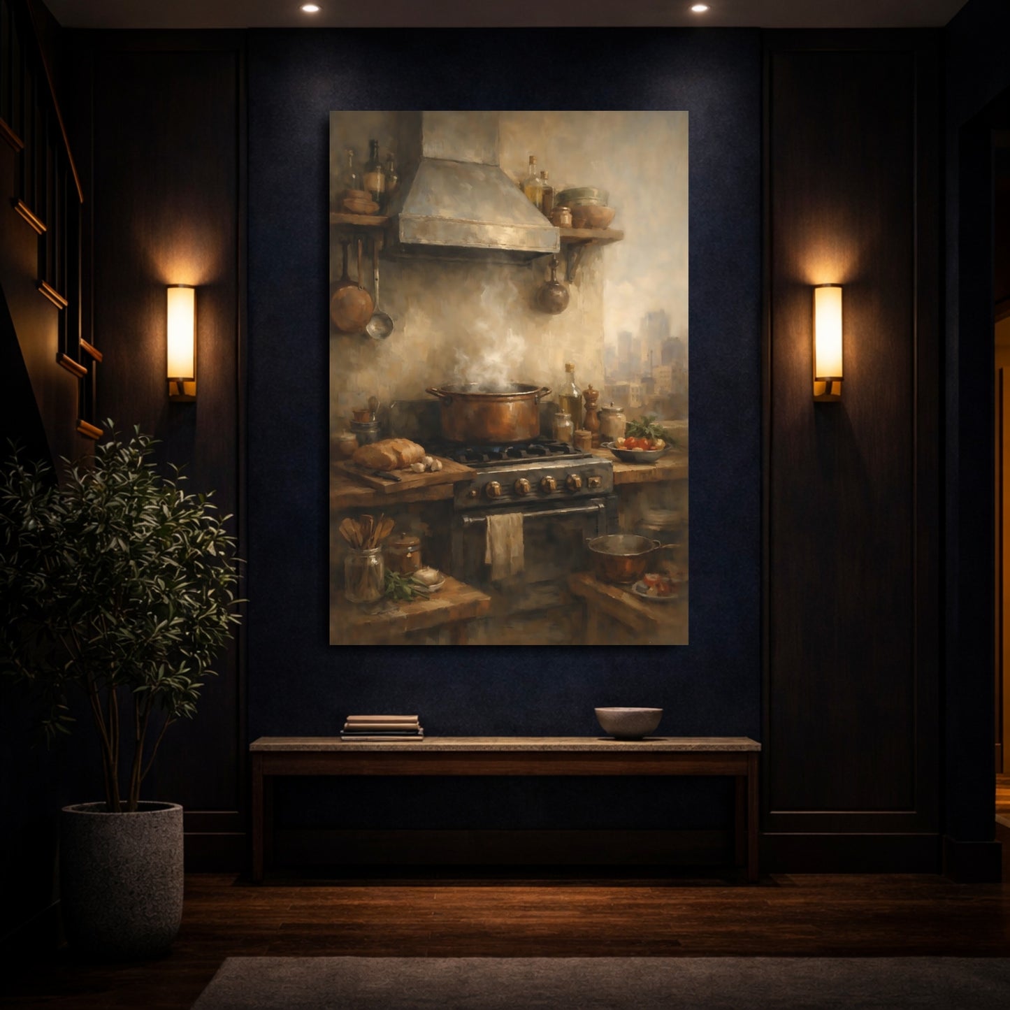 Mockup 3. Vintage Cooking Scene Rustic Kitchen shown as stretched canvas wall art