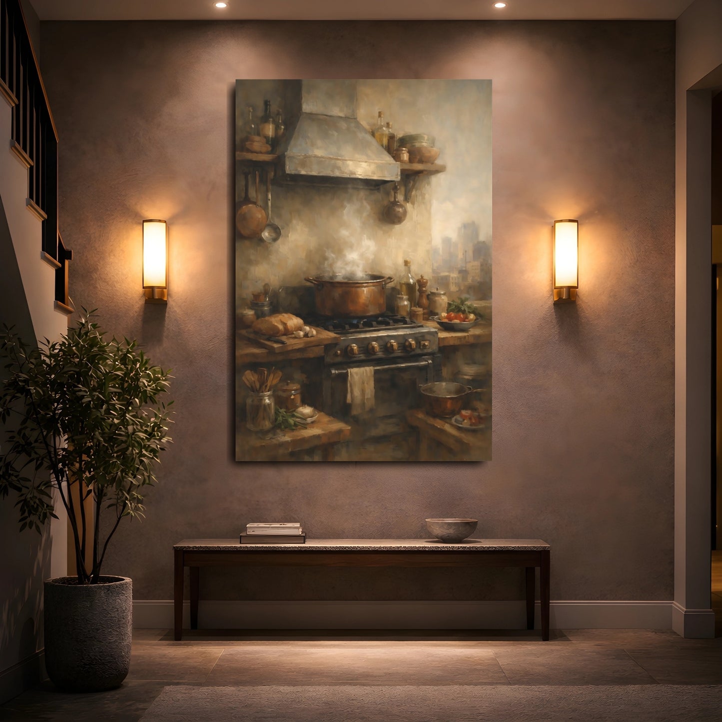Mockup 4. Vintage Cooking Scene Rustic Kitchen shown as stretched canvas wall art