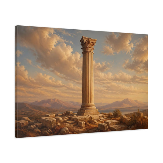 Main Mockup. Vintage Corinthian Column Ancient Gold Landscape shown as stretched canvas wall art
