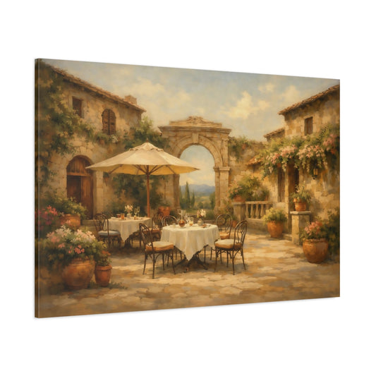 Main Mockup. Vintage Courtyard Cafe Warm Terracotta shown as stretched canvas wall art