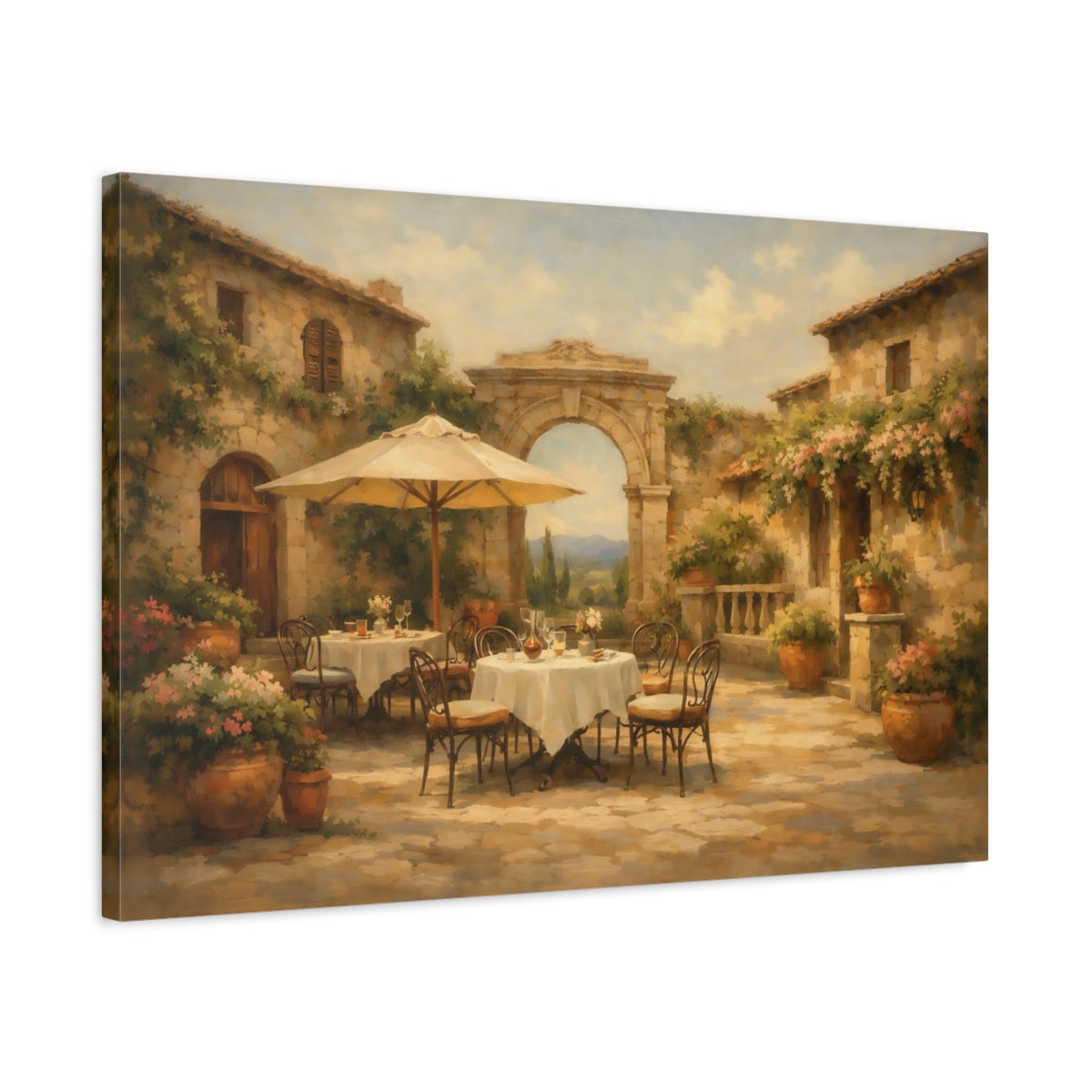 Side Mockup 2. Vintage Courtyard Cafe Warm Terracotta shown as stretched canvas wall art