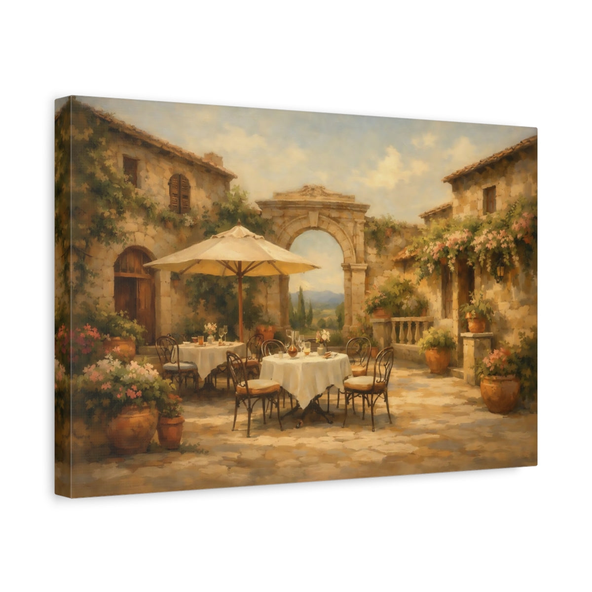 Side Mockup 4. Vintage Courtyard Cafe Warm Terracotta shown as stretched canvas wall art