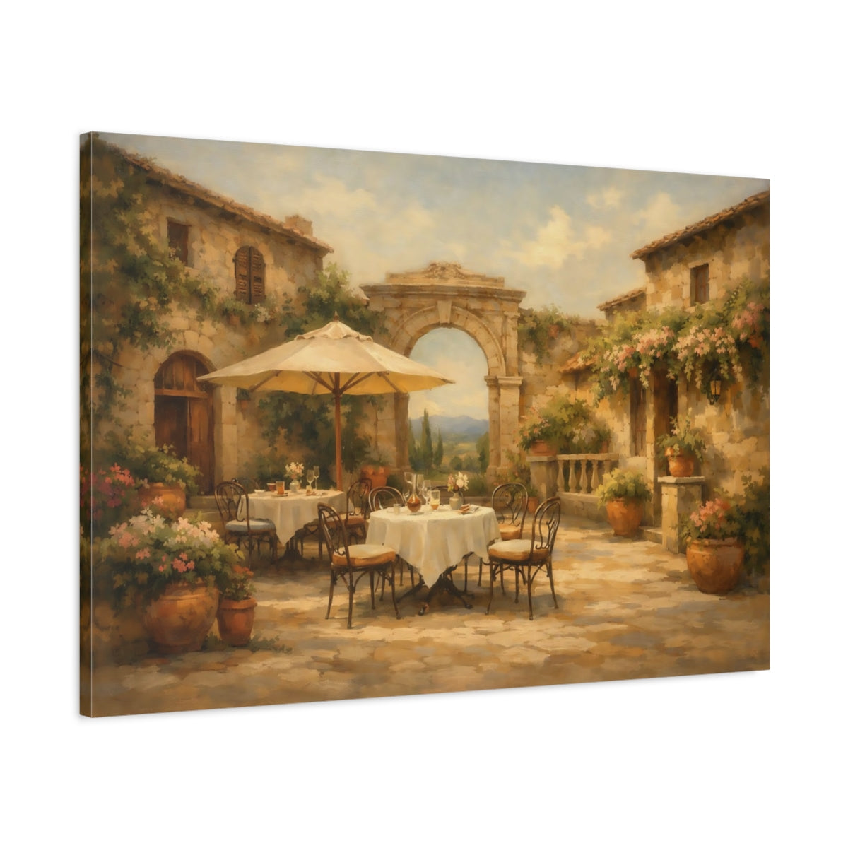 Side Mockup 1. Vintage Courtyard Cafe Warm Terracotta shown as stretched canvas wall art