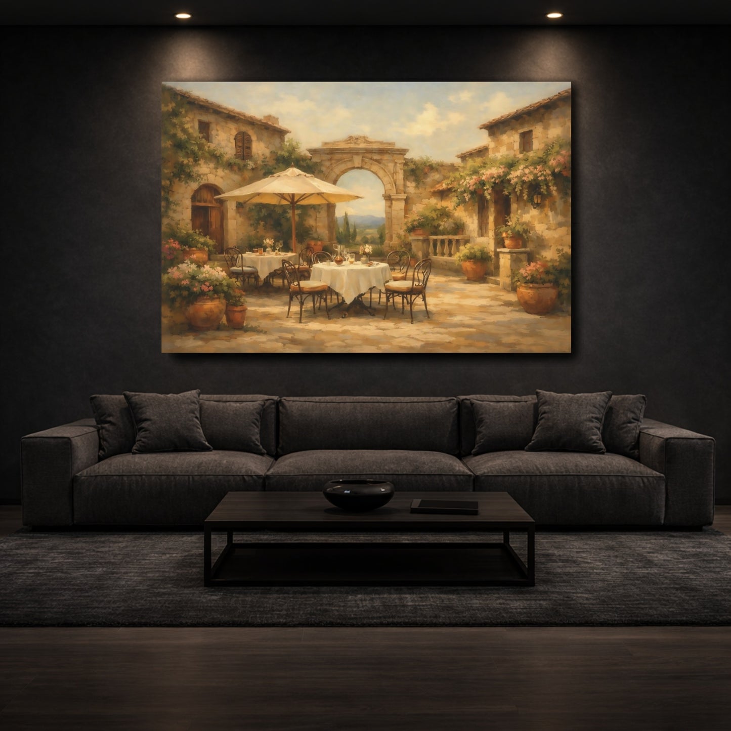Mockup 2. Vintage Courtyard Cafe Warm Terracotta shown as stretched canvas wall art