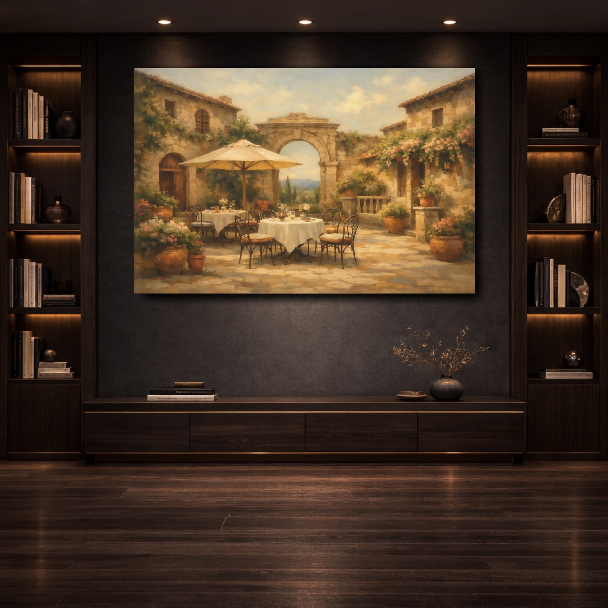 Mockup 3. Vintage Courtyard Cafe Warm Terracotta shown as stretched canvas wall art