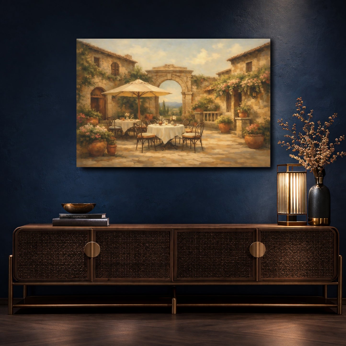 Mockup 4. Vintage Courtyard Cafe Warm Terracotta shown as stretched canvas wall art